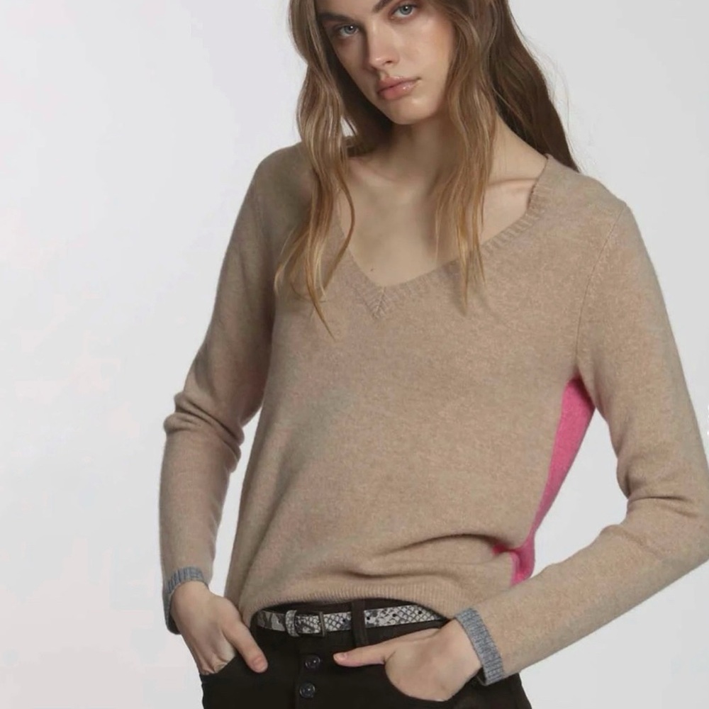 Label‎ + Thread Wool Cashmere V-neck Colorblock Sweater Tan Pink Size Small